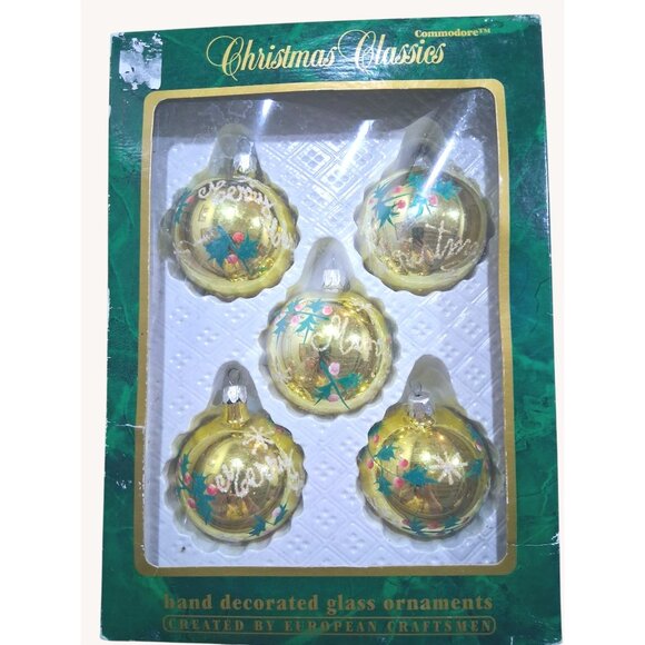 Vintage Commodore Christmas Classics Hand Decorated Glass Ornaments Set Of 5 Gol - Picture 1 of 11